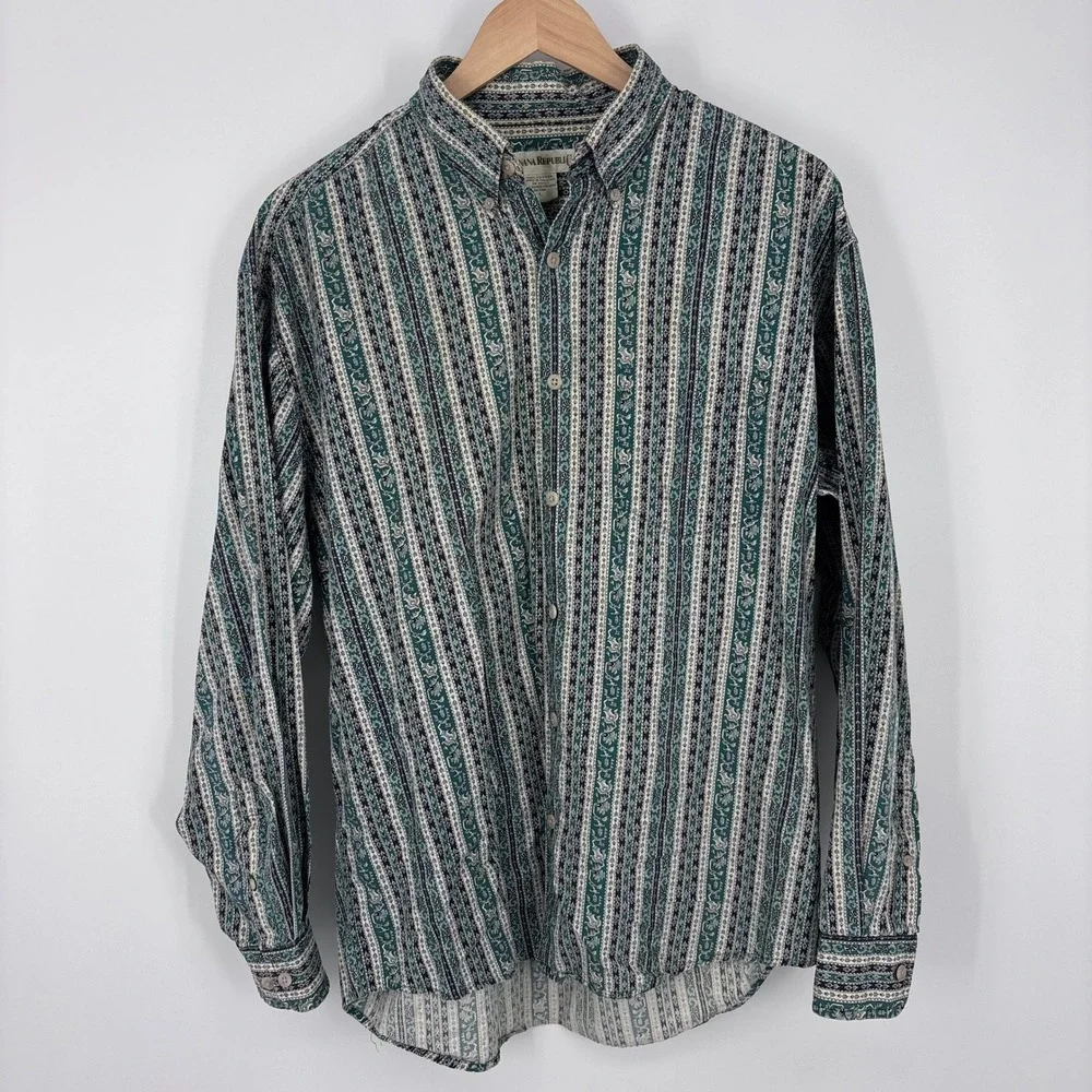 Vintage 90s Banana Republic Southwestern Tribal Shirt Mens L Green Aztec Western